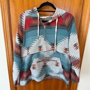 Vintage-Inspired Teal & Red Aztec Hooded Sweater